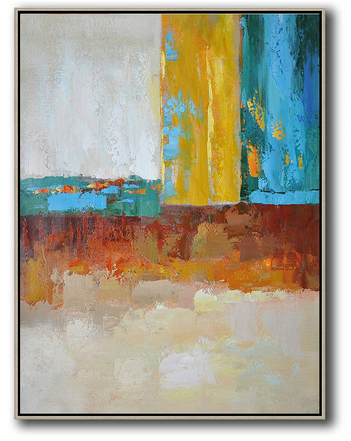 Extra Large Paintings,Vertical Palette Knife Contemporary Art,Contemporary Art Canvas Painting,White,Grey,Yellow,Blue,Red.etc